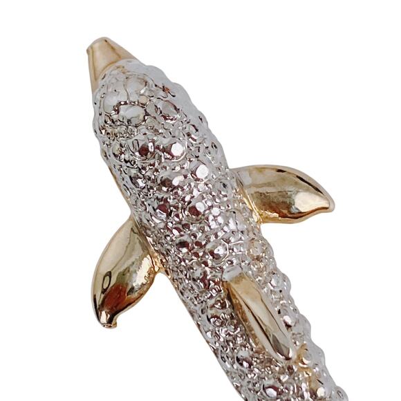 VTG 80s 90s Dolphin Brooch Two Tone Silver Gold Costume Marine Figural Jewelry - Picture 7 of 11